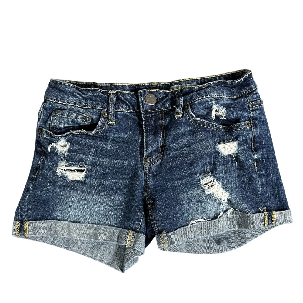 Aeropostale Womens Mid Rise Distressed Denim Shorts Dark Wash Rolled Cuff Size 2